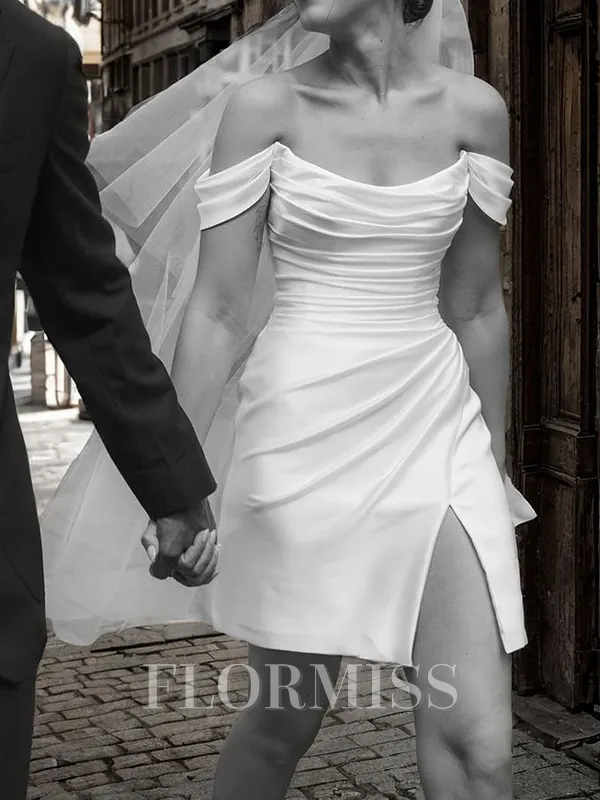Sheath Off-the-Shoulder Pleated Short/Mini Charmeuse Wedding Dress