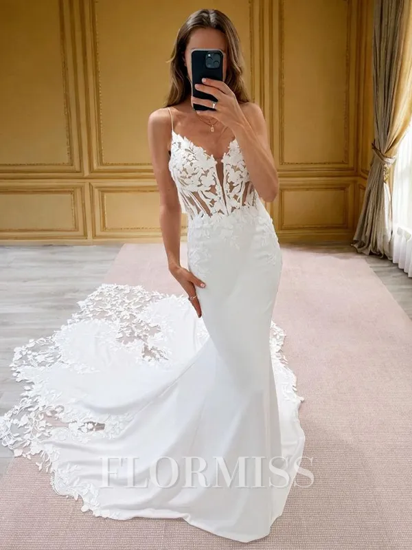 Mermaid V-neck Appliques Lace Cathedral Train Stretch Crepe Corset Wedding Dress