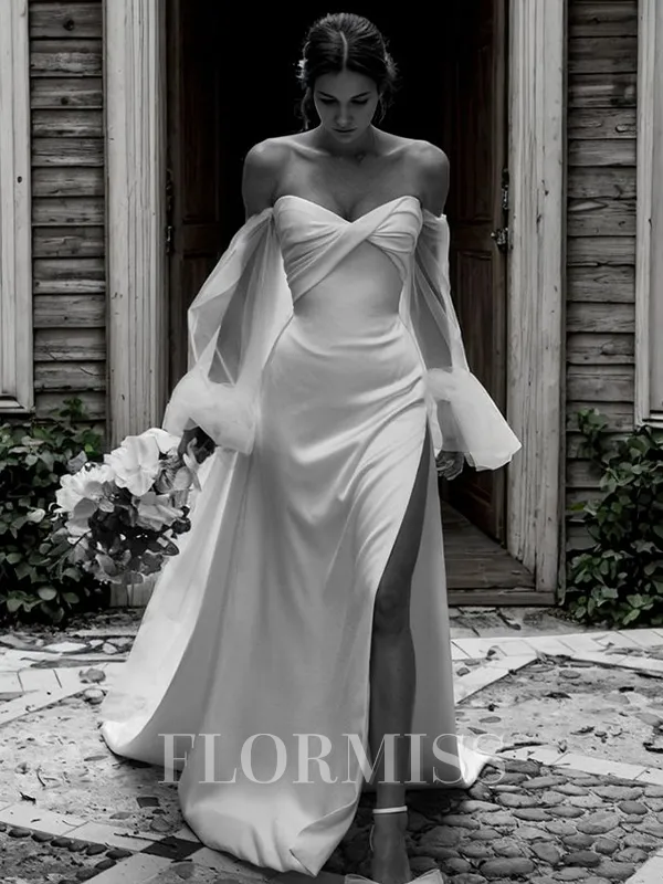 Column Off-the-Shoulder Long Sleeves Pleated Court Train Jersey Wedding Dress