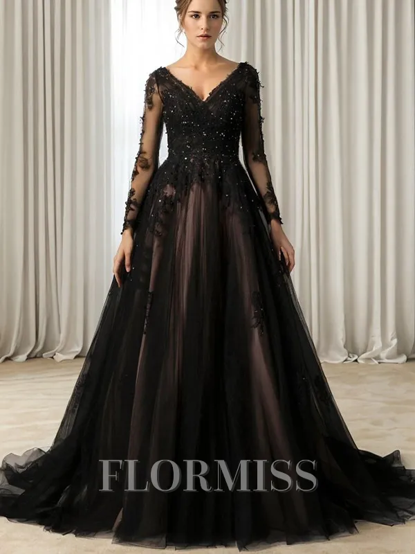 A-line V-neck Long Sleeves Appliques Lace Court Train Tulle Wedding Dress