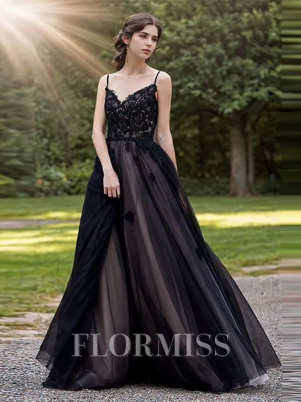 A-line V-neck Appliques Lace Sweep Train Tulle Wedding Dress