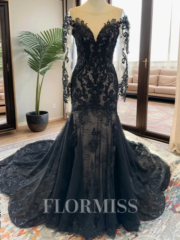 Mermaid Bateau Long Sleeves Appliques Lace Cathedral Train Tulle Wedding Dress