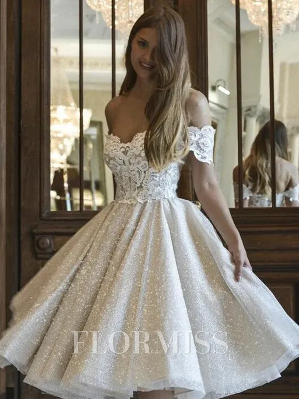 A-line Off-the-Shoulder Appliques Lace Knee-Length Wedding Dress