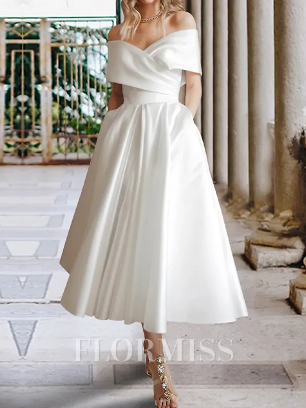 A-line Off-the-Shoulder Pleated Tea-Length Satin Wedding Dress