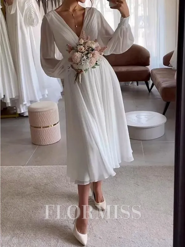 A-line V-neck Long Sleeves Pleated Tea-Length 30D Chiffon Wedding Dress