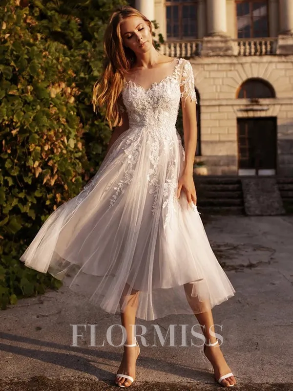 A-line Scoop Short Sleeves Appliques Lace Tea-Length Tulle Wedding Dress