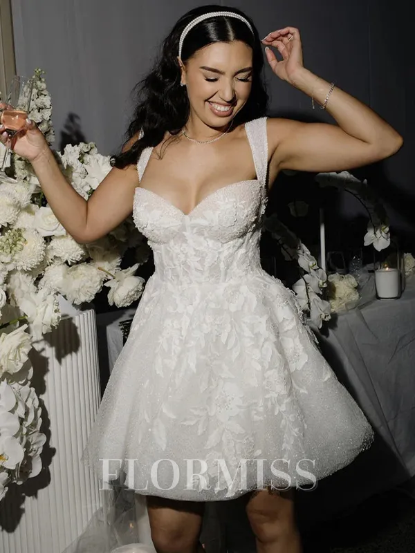 A-line Straps Appliques Lace Short/Mini Tulle Corset Wedding Dress
