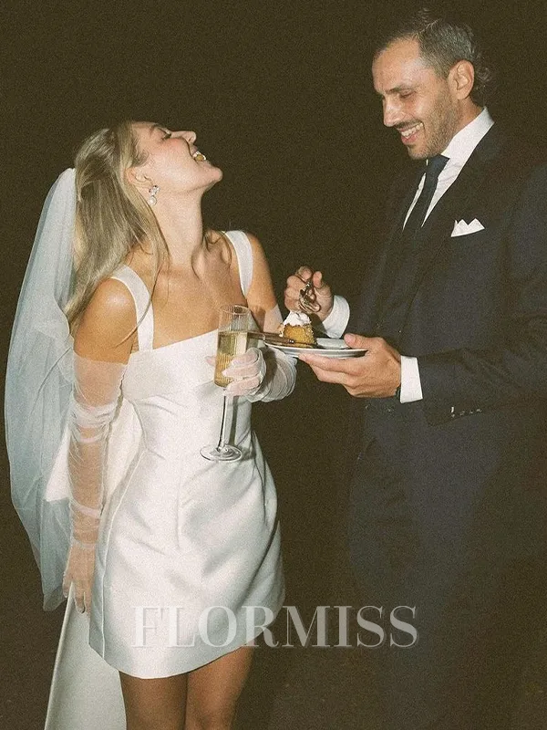 Sheath Straps Bow Short/Mini Satin Wedding Dress