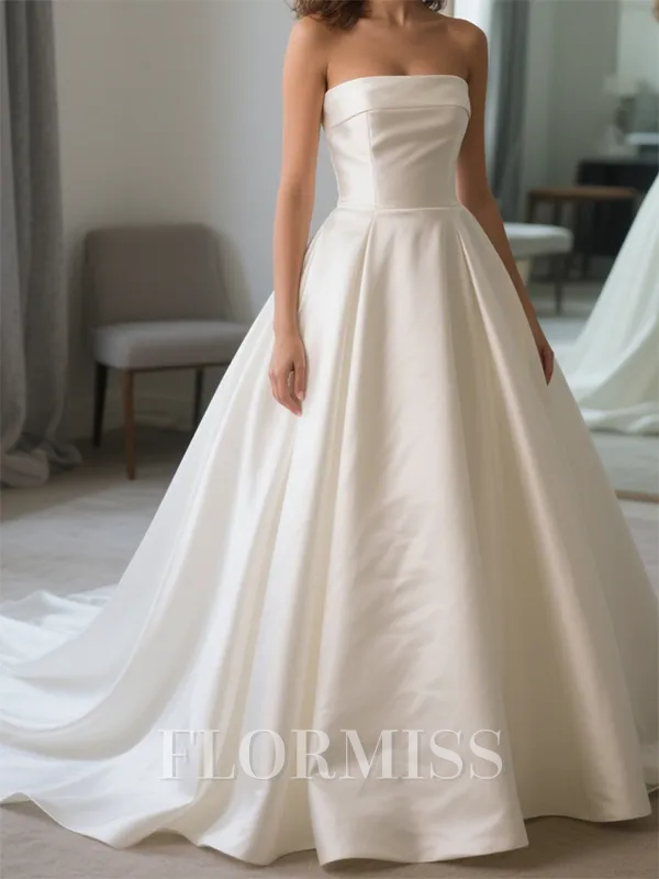 Ball-Gown Straight Pleated Chapel Train Satin Corset Wedding Dress