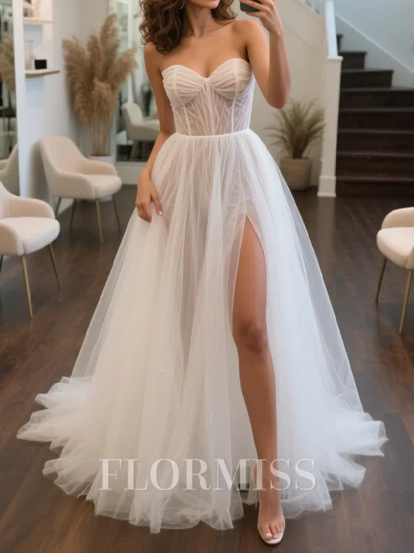 A-line Sweetheart Pleated Sweep Train Tulle Wedding Dress