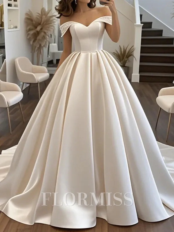 Ball-Gown Off-the-Shoulder Pleated Chapel Train Satin Corset Wedding Dress