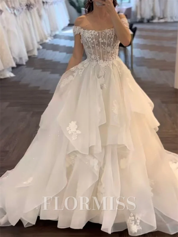 A-line Off-the-Shoulder Appliques Lace Chapel Train Tulle Corset Wedding Dress