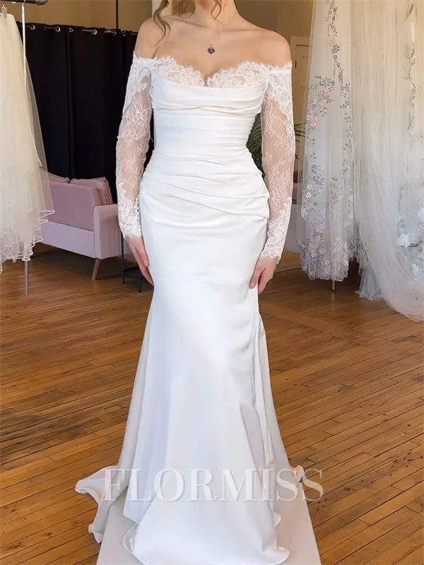 Sheath Off-the-Shoulder Long Sleeves Appliques Lace Sweep Train Charmeuse Corset Wedding Dress