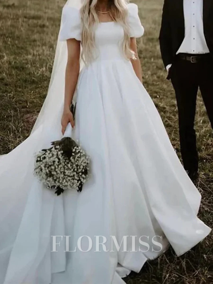 A-line Square Short Sleeves Chapel Train Satin Corset Wedding Dress