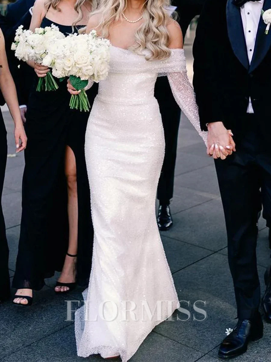 Sheath Off-the-Shoulder Long Sleeves Sequin Court Train Wedding Dress