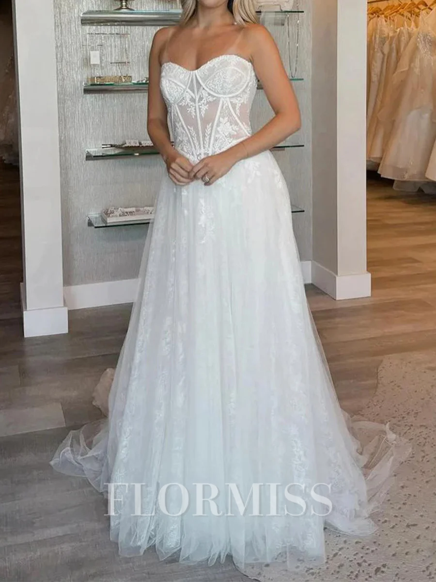 A-line Sweetheart Appliques Lace Sweep Train Tulle Corset Wedding Dress