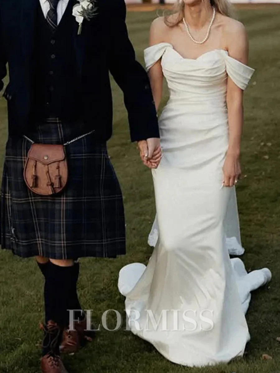 Sheath Off-the-Shoulder Pleated Chapel Train Silk Like Satin Corset Wedding Dress