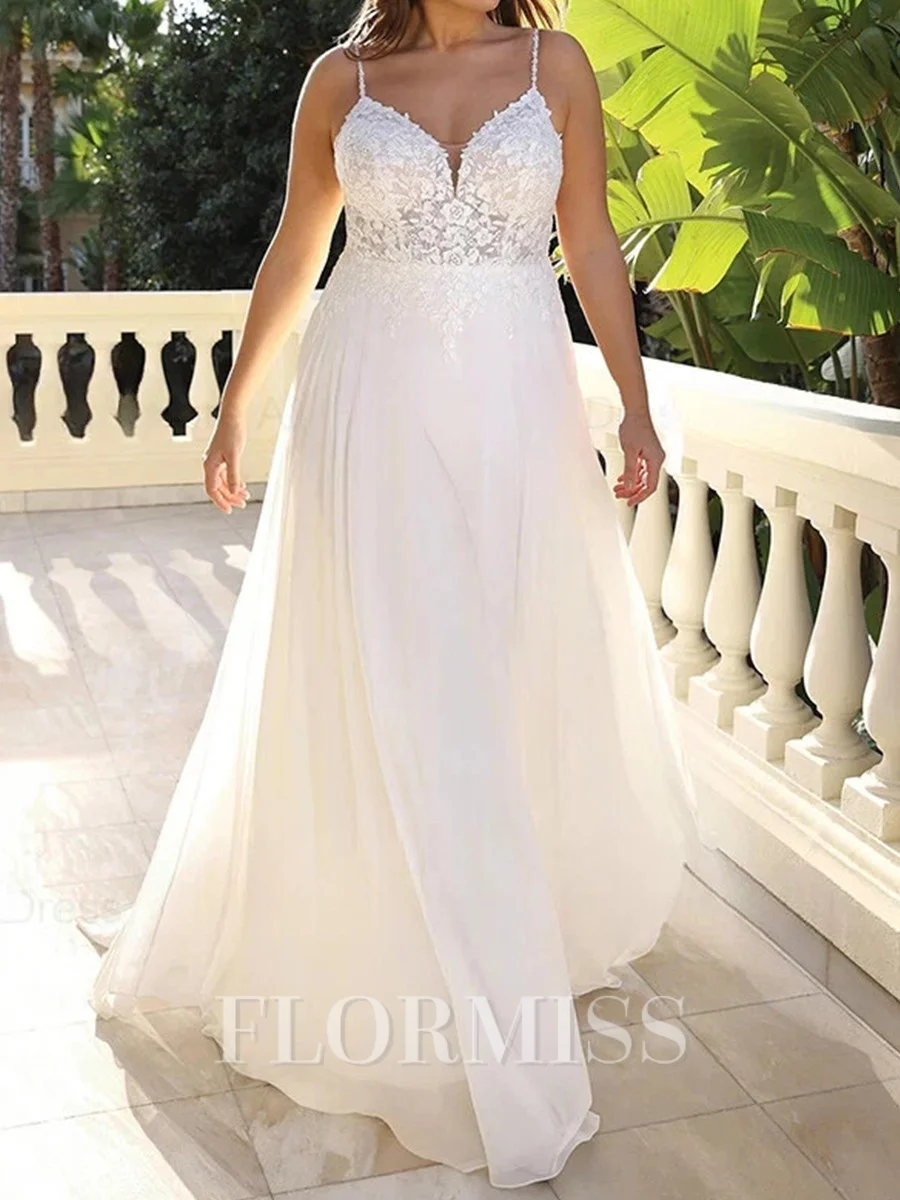 A-line Straps Appliques Lace Sweep Train Chiffon Corset Wedding Dress