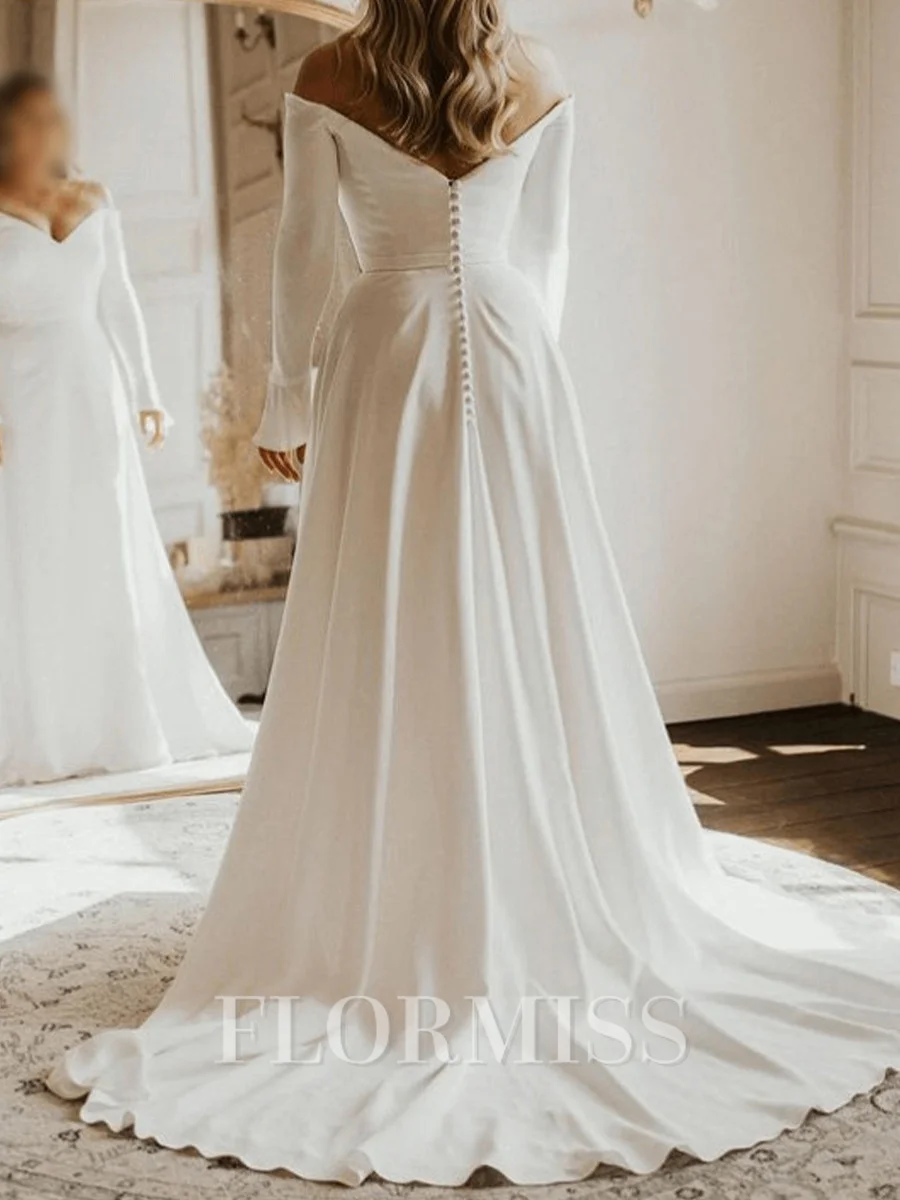 A-line Off-the-Shoulder Long Sleeves Sweep Train Stretch Crepe Wedding Dress