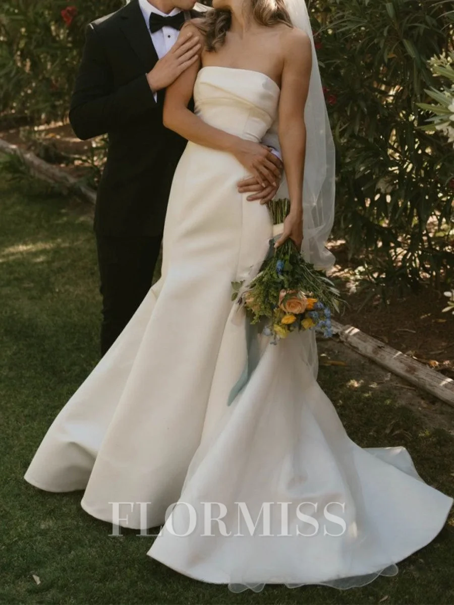 Mermaid Straight Pleated Sweep Train Satin Corset Wedding Dress