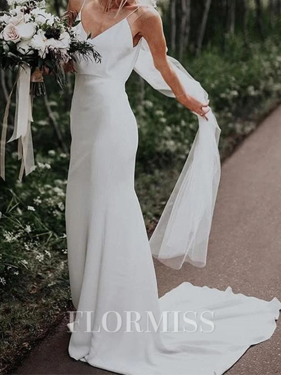 Sheath Spaghetti Straps Court Train Stretch Crepe Wedding Dress