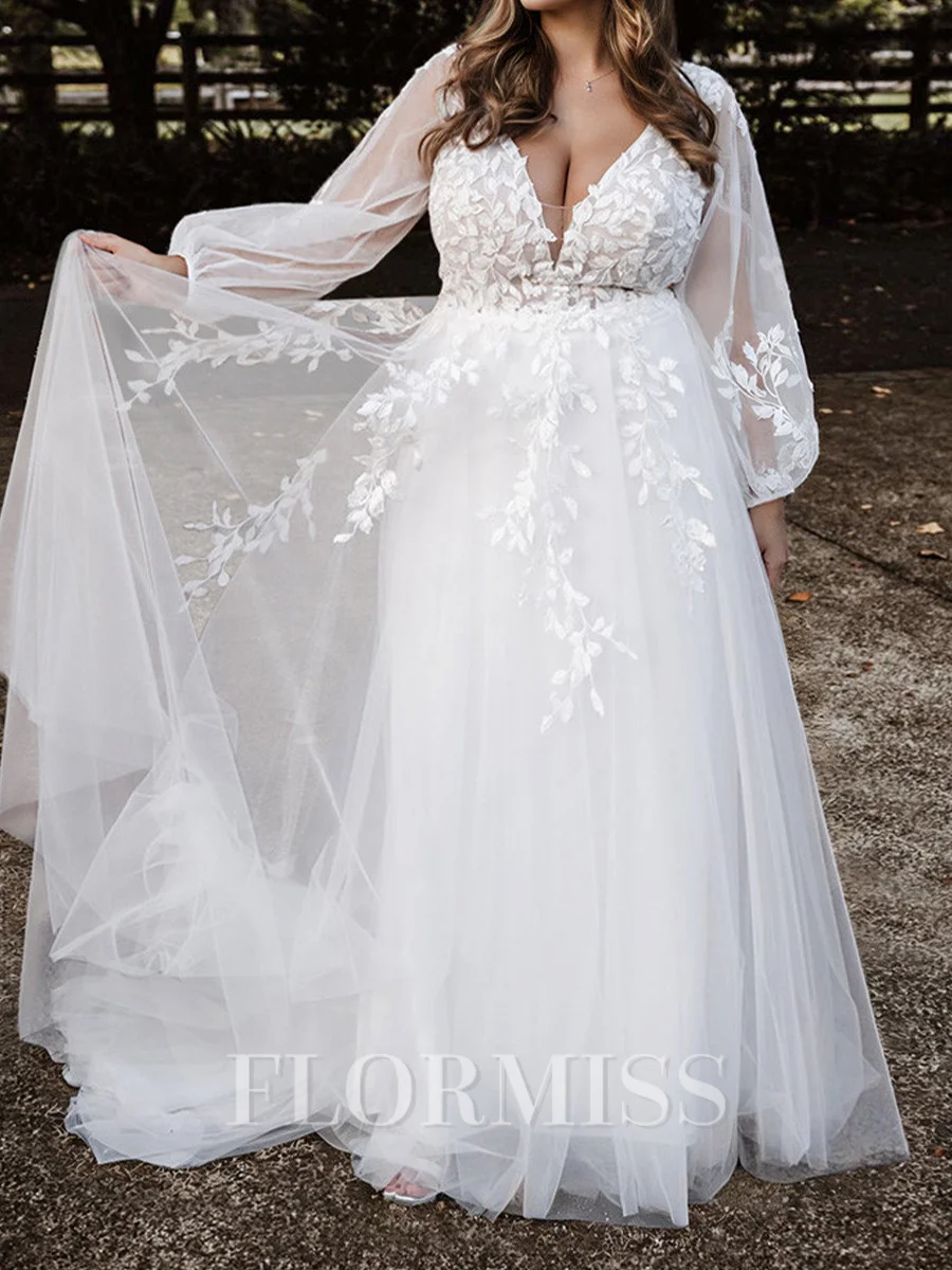 A-line V-neck Long Sleeves Appliques Lace Floor-Length Tulle Wedding Dress