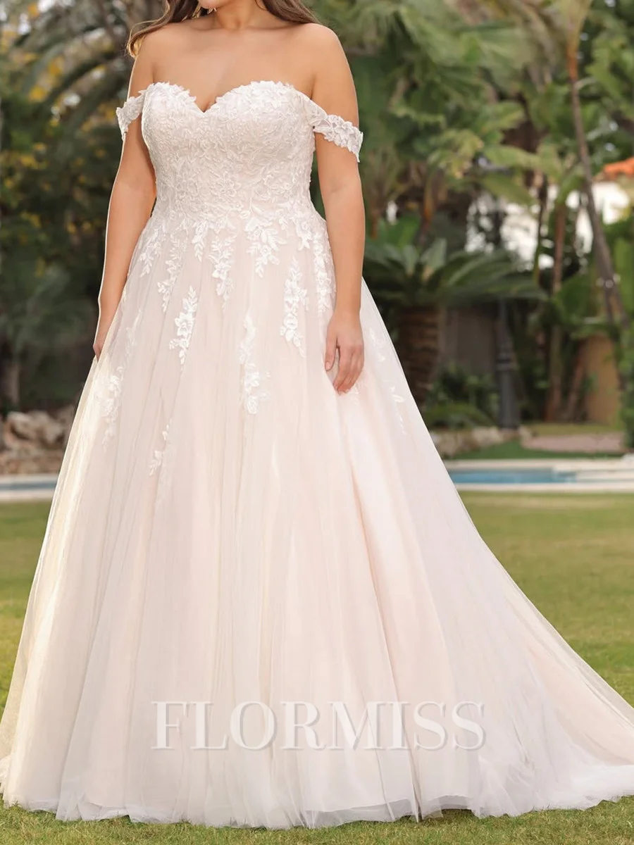 A-line Off-the-Shoulder Appliques Lace Sweep Train Tulle Corset Wedding Dress