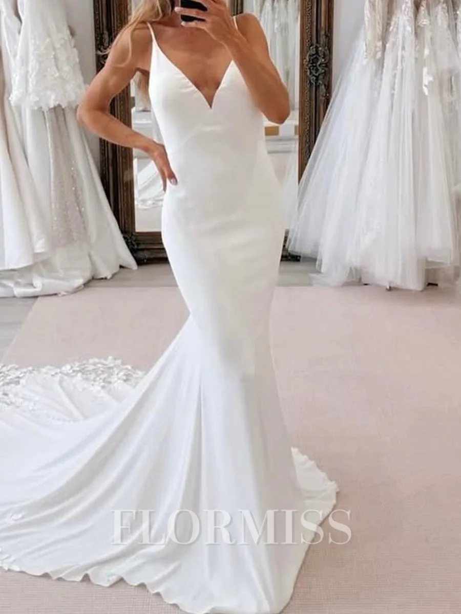 Sheath Spaghetti Straps Appliques Lace Cathedral Train Charmeuse Wedding Dress