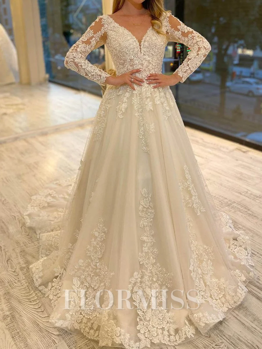 A-line V-neck Long Sleeves Appliques Lace Chapel Train Tulle Corset Wedding Dress