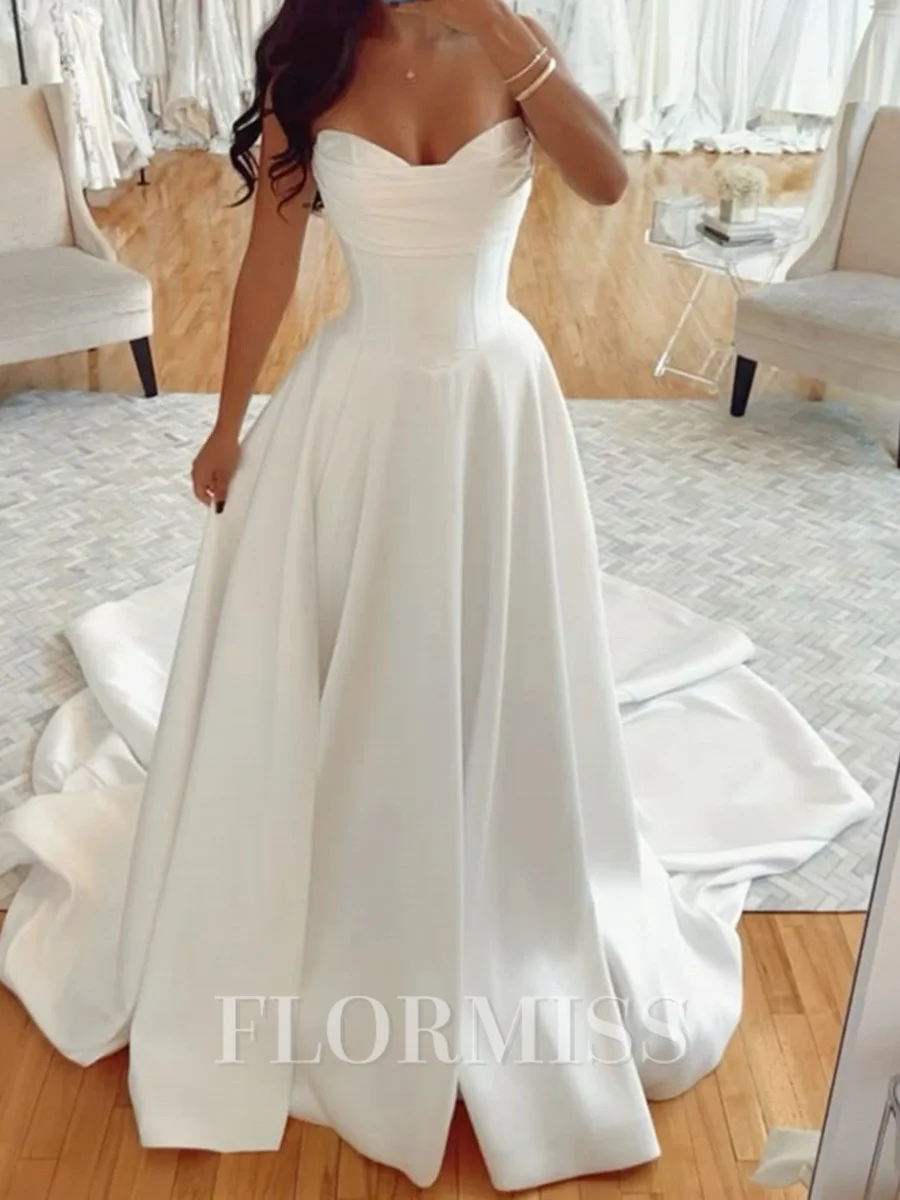 A-line Sweetheart Pleated Cathedral Train Satin Corset Wedding Dress