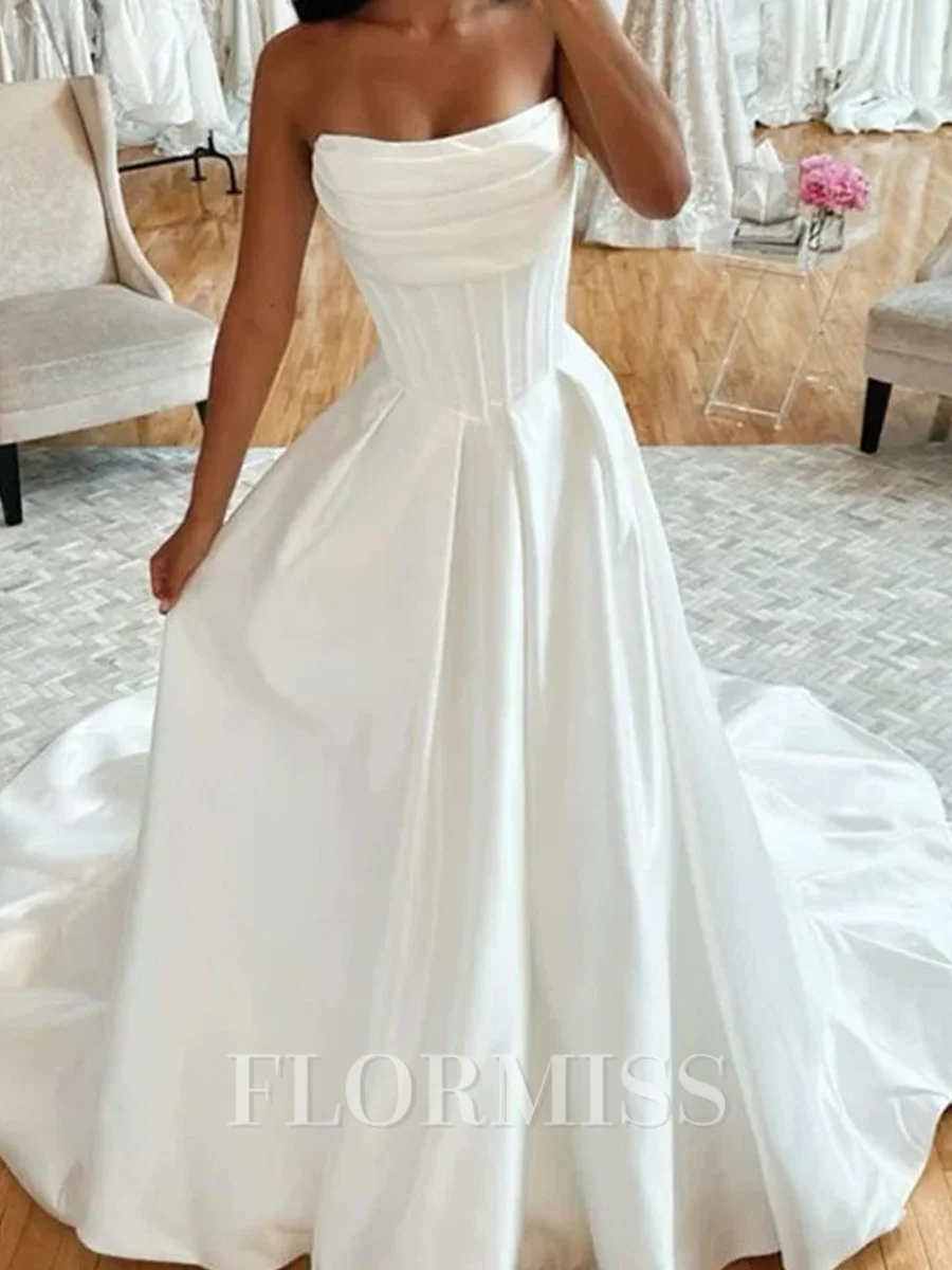 A-line Straight Pleated Cathedral Train Satin Corset Wedding Dress