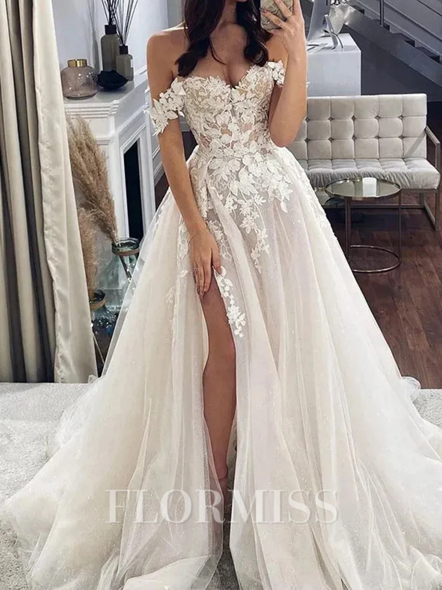 A-line Off-the-Shoulder Appliques Lace Sweep Train Tulle Wedding Dress