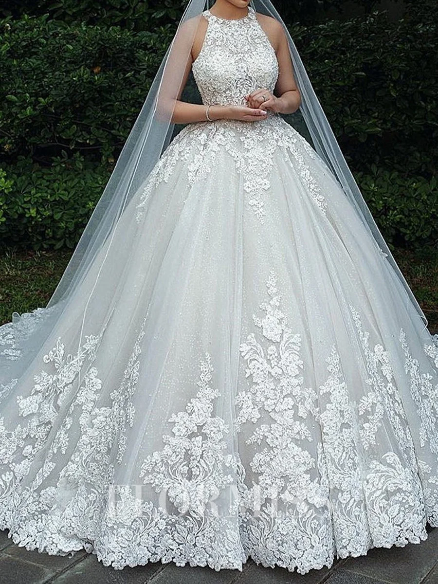 Ball-Gown Illusion Appliques Lace Cathedral Train Tulle Wedding Dress