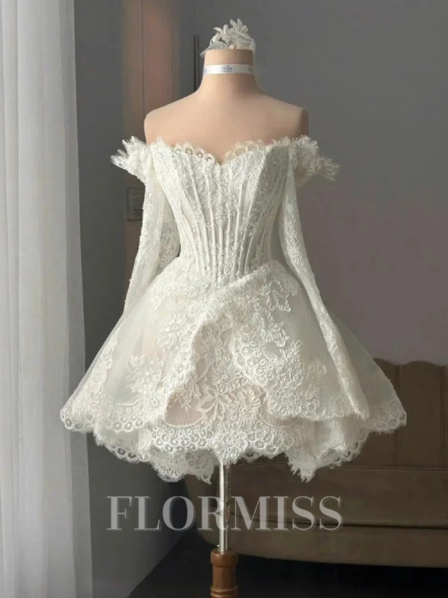 A-line Off-the-Shoulder Long Sleeves Appliques Lace Short/Mini Lace Corset Wedding Dress