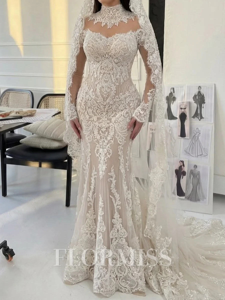 Sheath High Neck Long Sleeves Appliques Lace Sweep Train Lace Wedding Dress