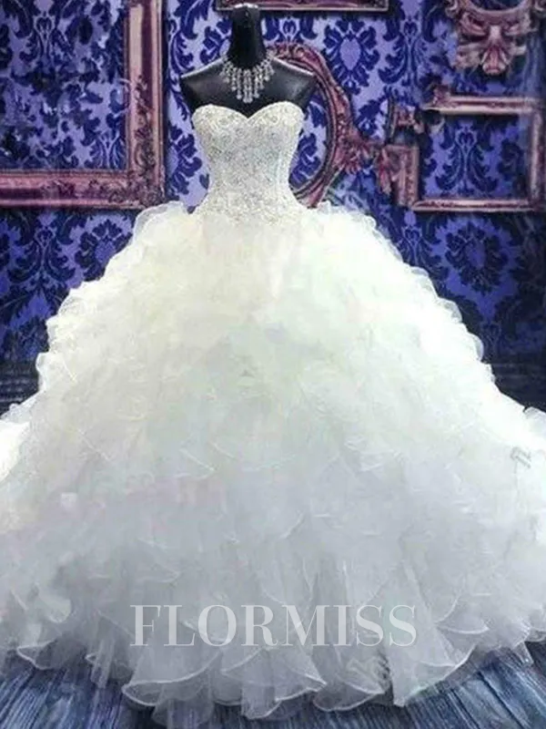 Ball Gown Sweetheart Cathedral Train Organza Wedding Dresses With Beading