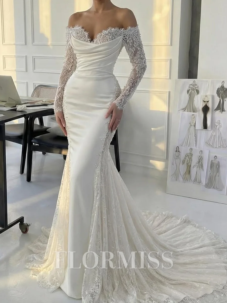 Mermaid Off-the-Shoulder Long Sleeves Beading Court Train Silk Like Satin Corset Wedding Dress