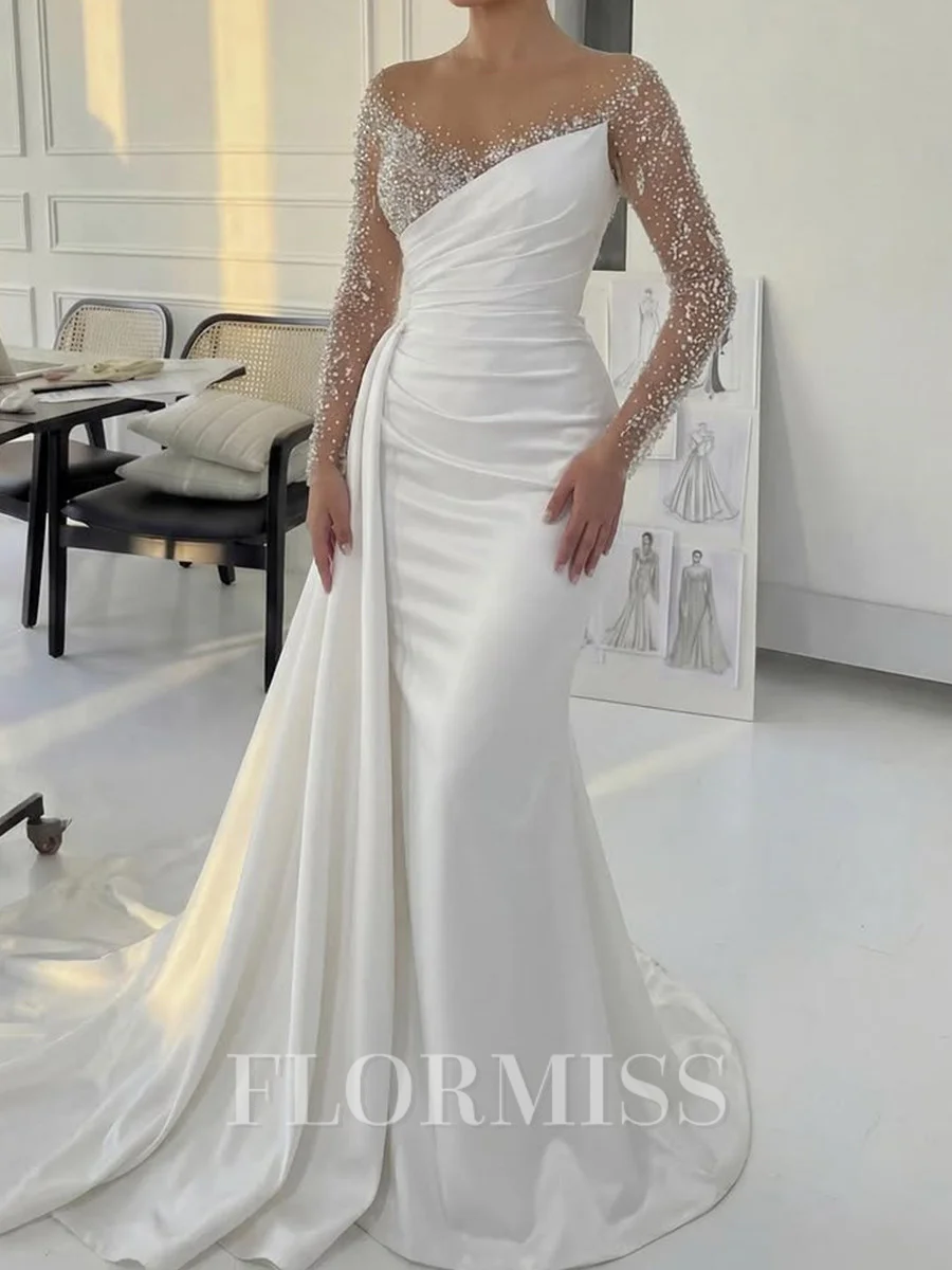 Sheath Illusion Long Sleeves Sequin Sweep Train Silk Like Satin Corset Wedding Dress