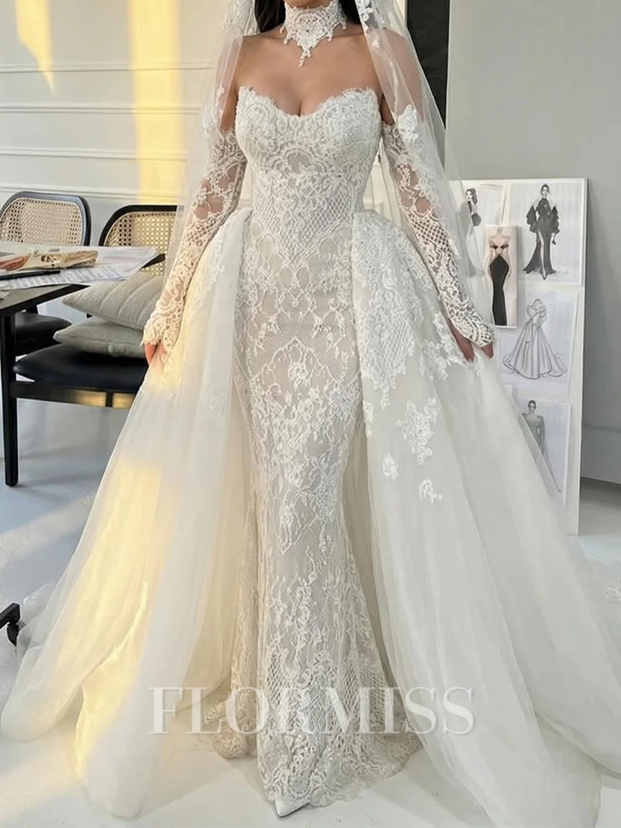 Sheath Sweetheart Long Sleeves Appliques Lace Court Train Tulle Corset Wedding Dress