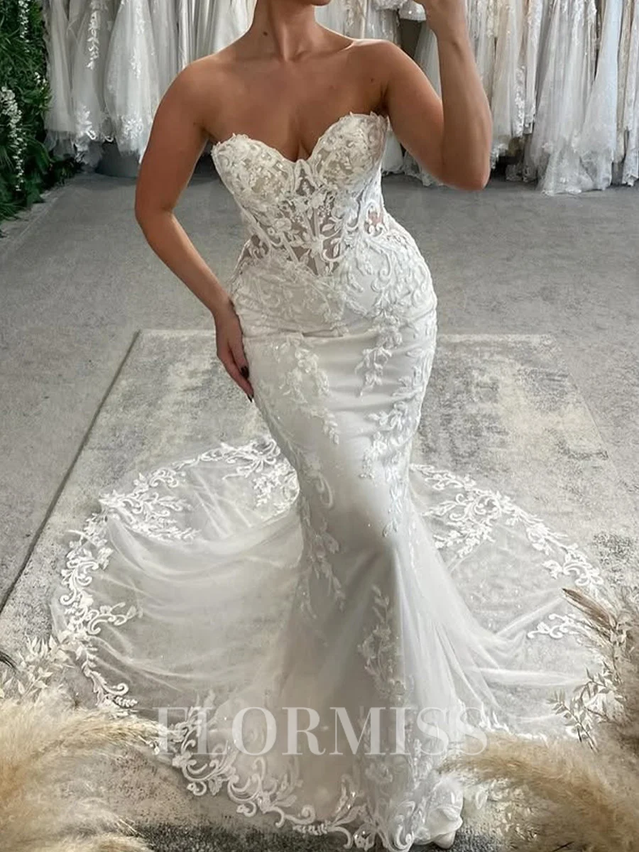 Mermaid Sweetheart Appliques Lace Cathedral Train Tulle Corset Wedding Dress