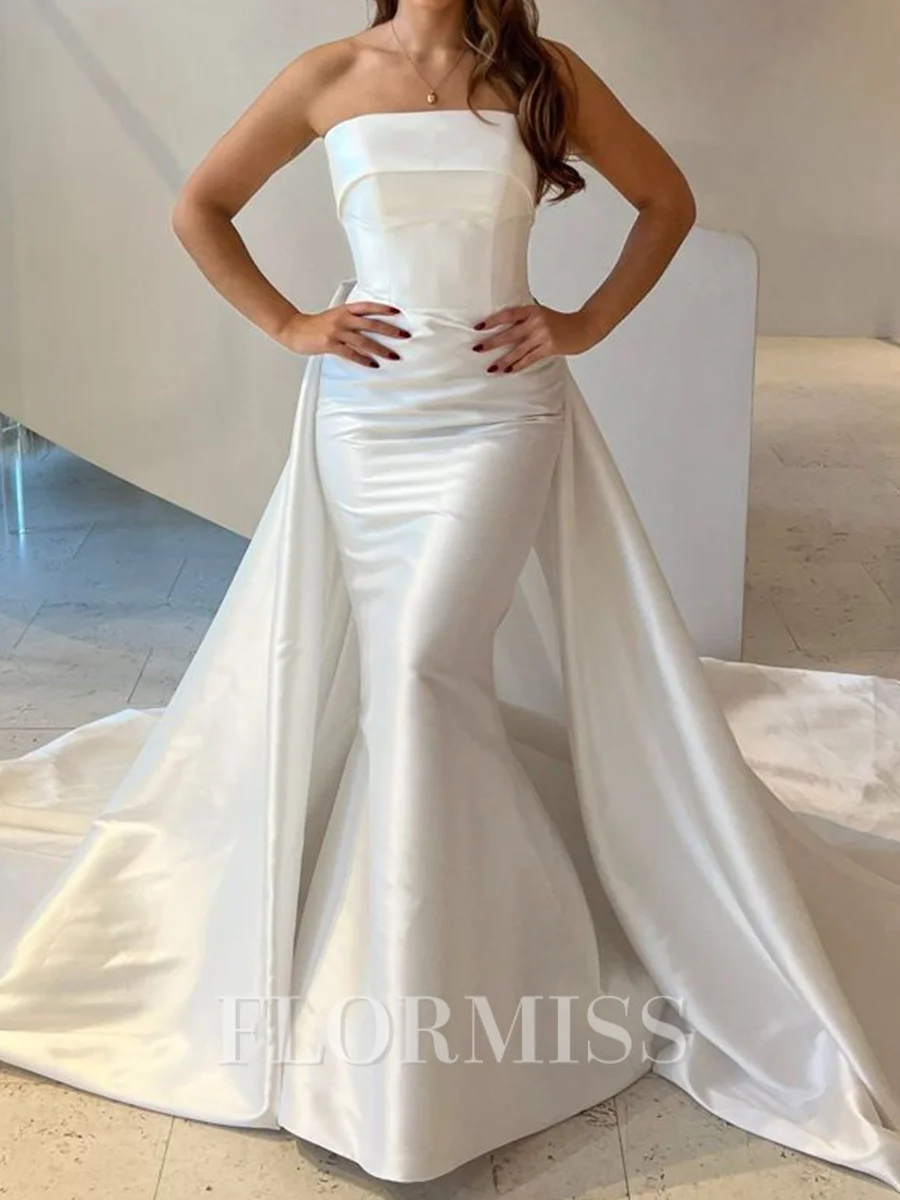 Mermaid Straight Pleated Cathedral Train Satin Corset Wedding Dress