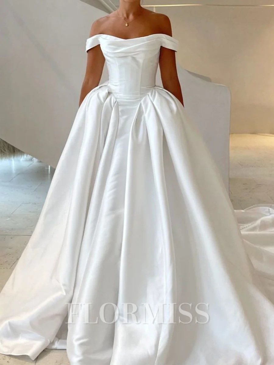 A-line Off-the-Shoulder Pleated Cathedral Train Satin Corset Wedding Dress