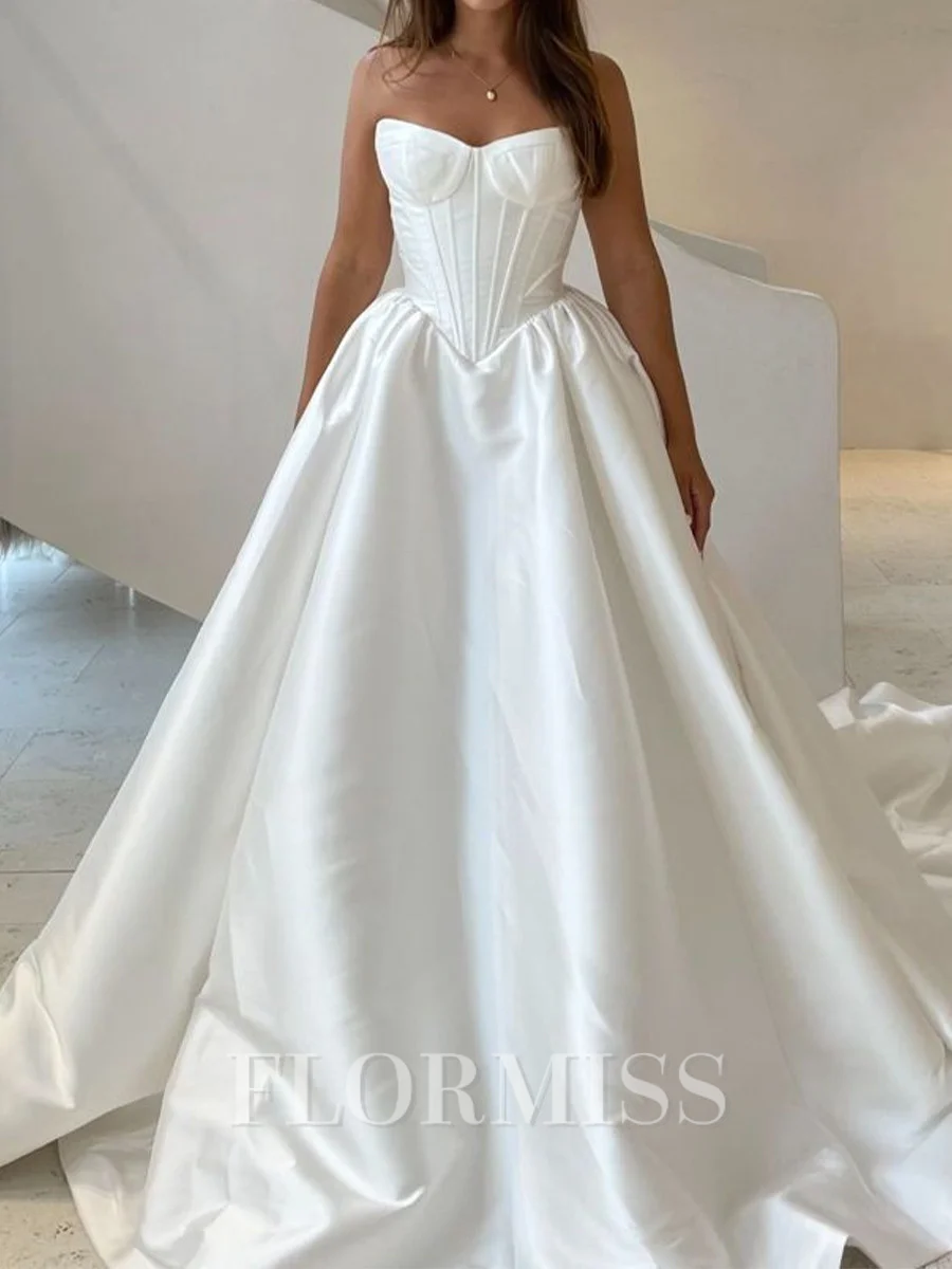 A-line Straight Pleated Cathedral Train Satin Corset Wedding Dress