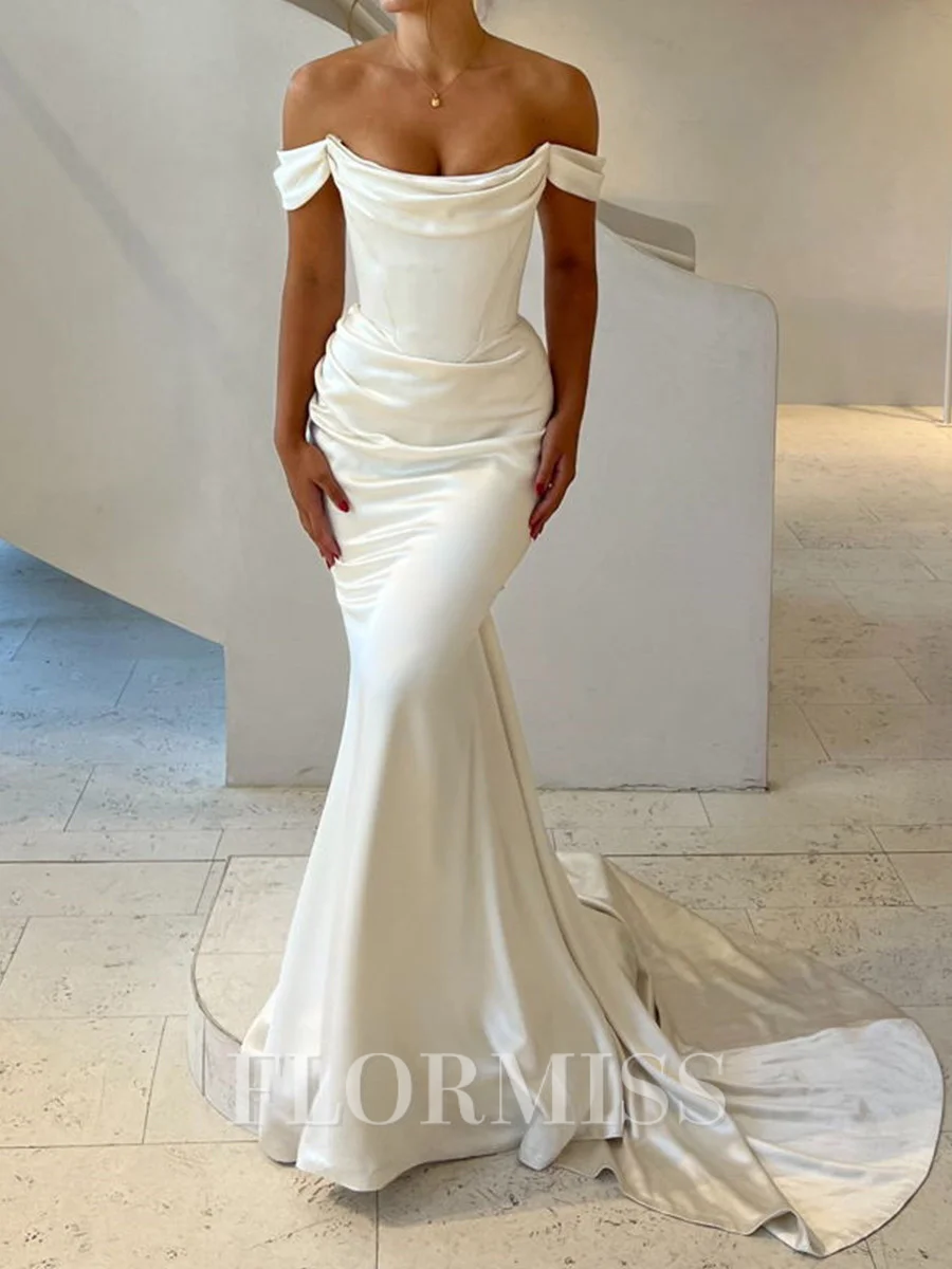 Sheath Off-the-Shoulder Pleated Court Train Silk Like Satin Corset Wedding Dress