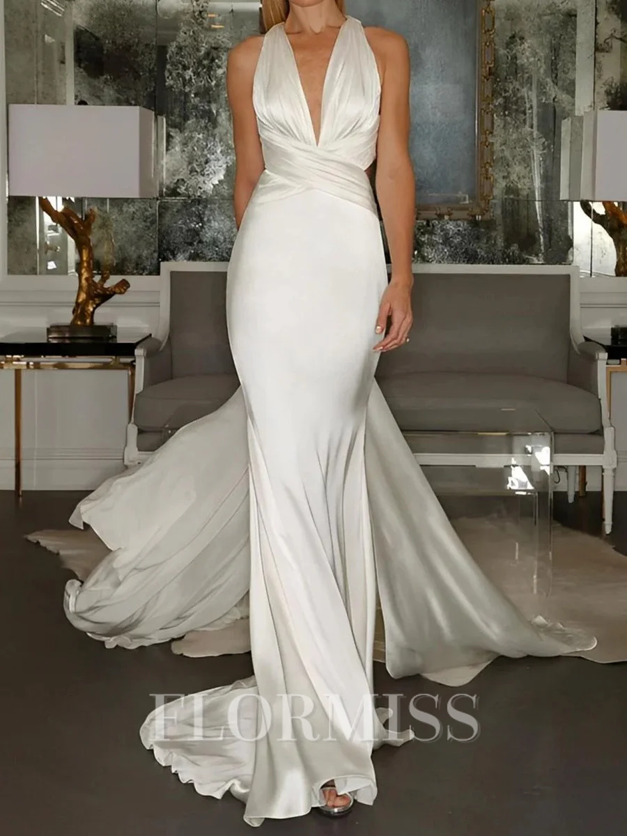 Sheath V-neck Pleated Court Train Silk Like Satin Wedding Dress