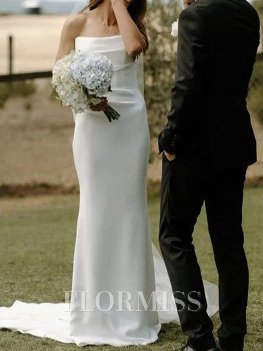 Sheath Straight Pleated Chapel Train Silk Like Satin Corset Wedding Dress