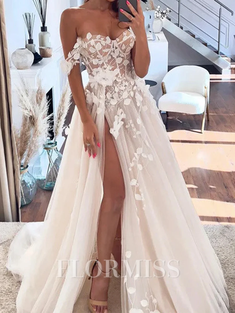 A-line Off-the-Shoulder Appliques Lace Chapel Train Tulle Corset Wedding Dress