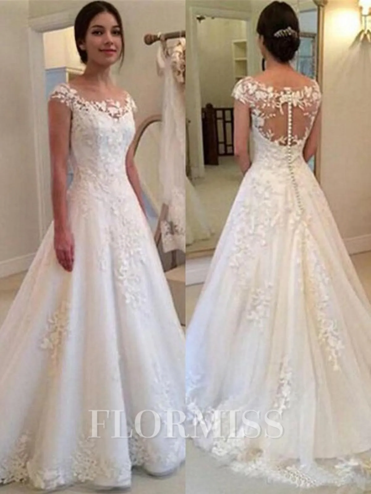 A-Line/Princess Scoop Sweep Train Tulle Wedding Dresses With Appliques Lace