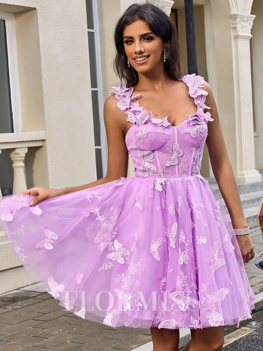 A-line Straps Appliques Lace Short/Mini Tulle Corset Homecoming Dress