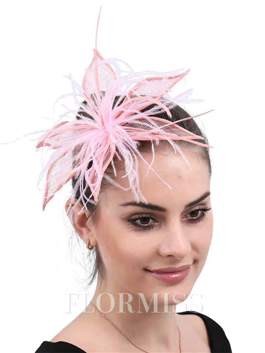 Ladies' Gorgeous Flax With Feather Tea Party Hats